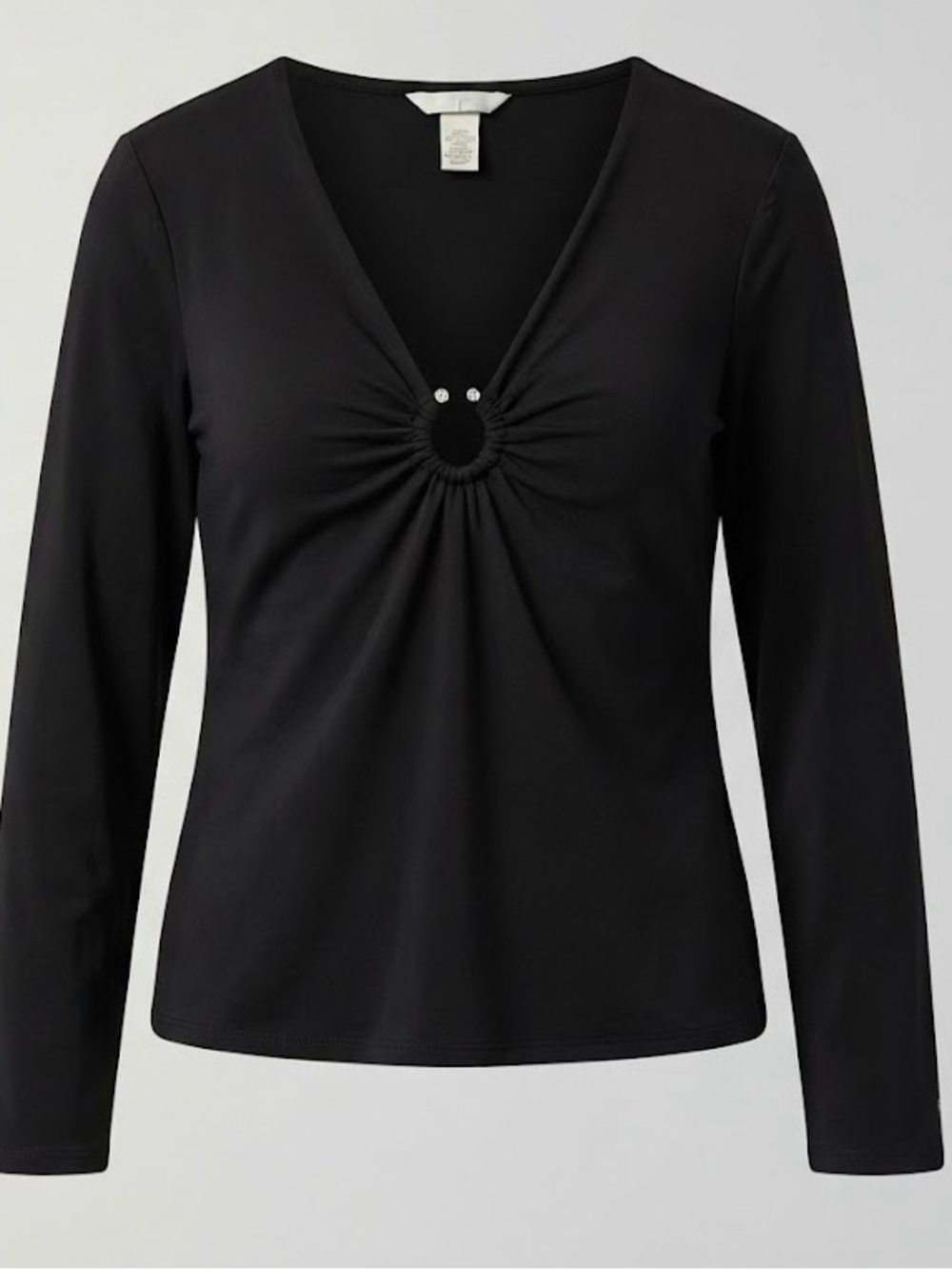 H&M Women's Black Long-Sleeve V-Neck Ring Detail Top